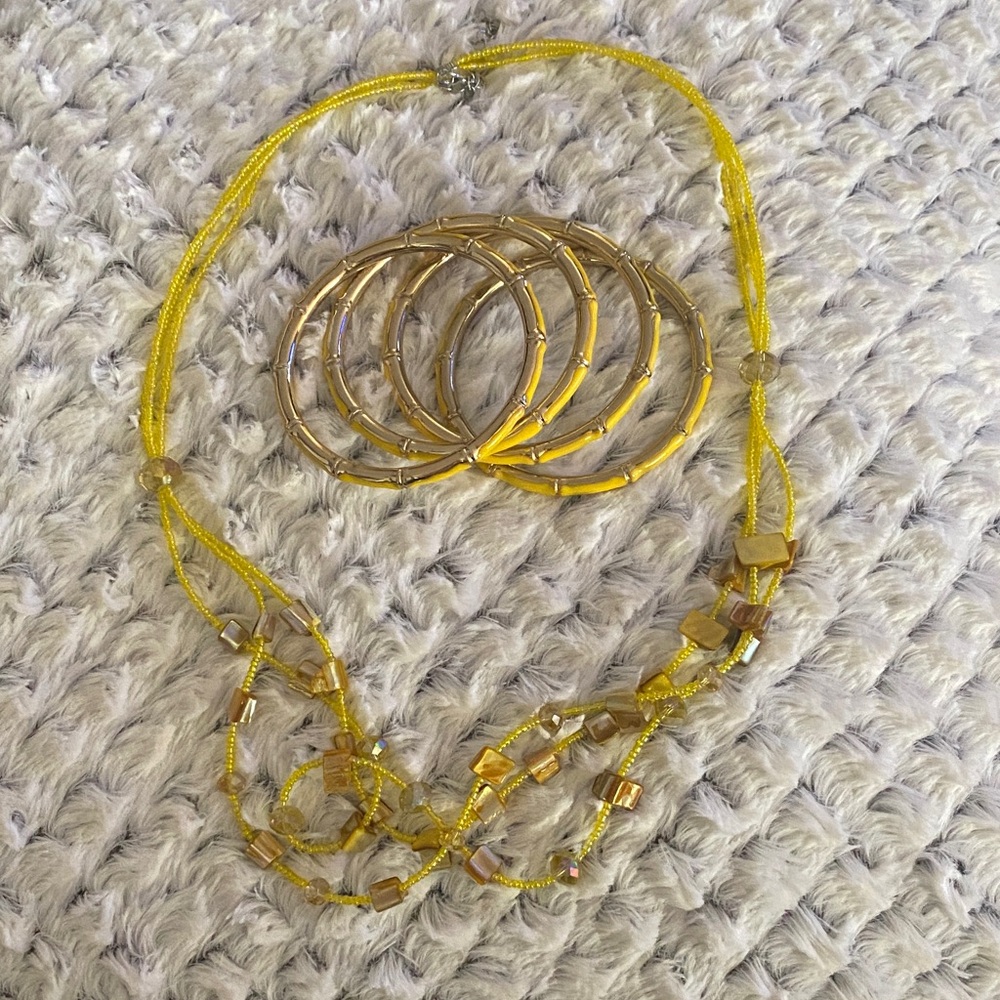 Vibrant Yellow Beaded Necklace and Bangle Set